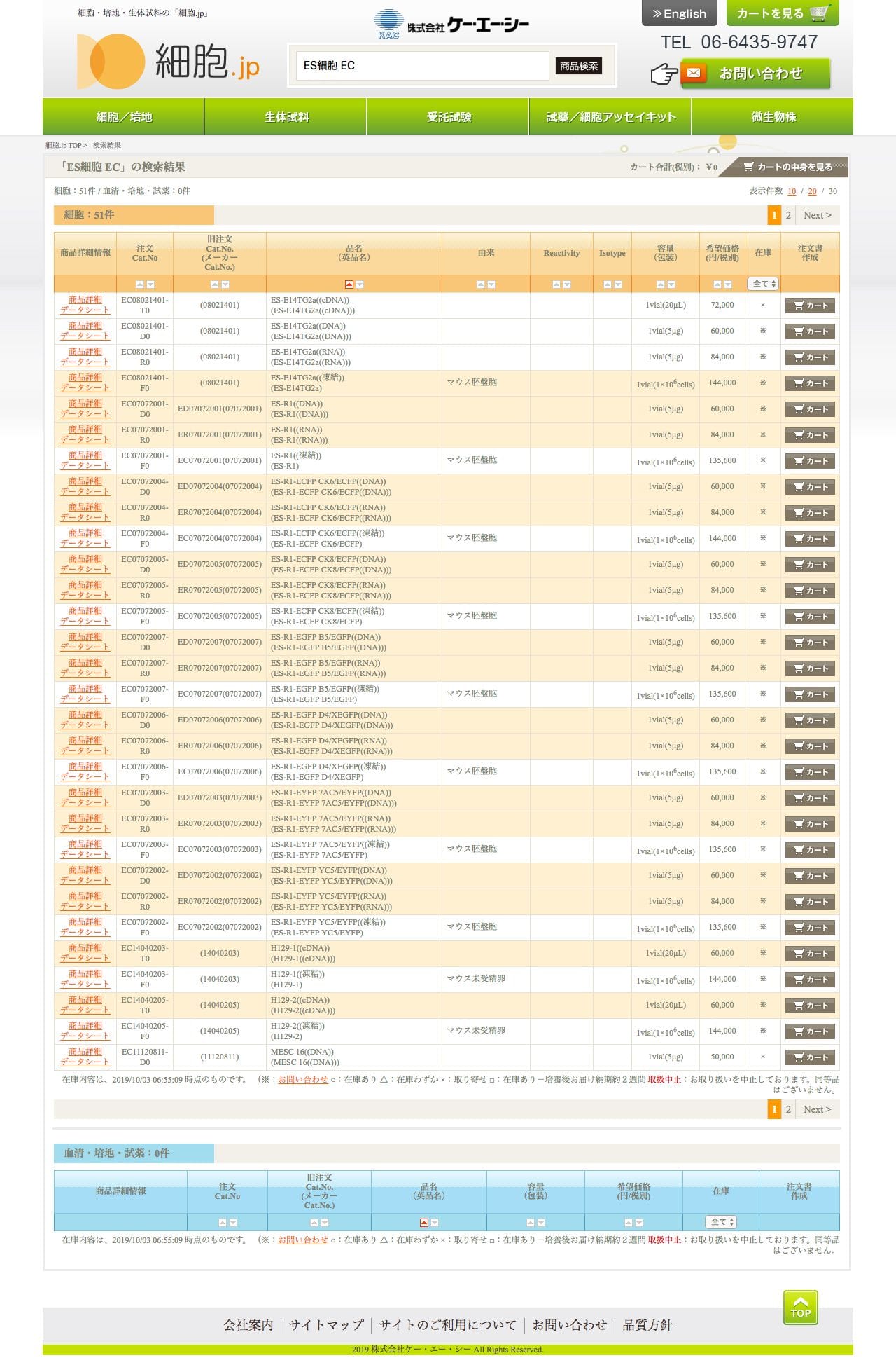 細胞.jp｜細胞・培地・血清の「細胞.jp」のスクリーンショット - 商品一覧